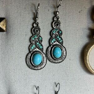 Faux Turquoise and Rhinestone Boho Dangle Earrings